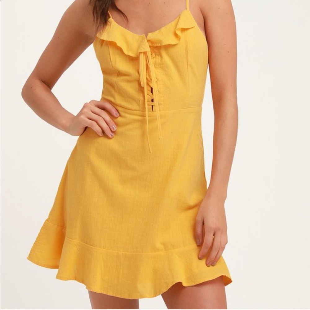 HERE TO DANCE YELLOW LACE-UP MINI DRESS